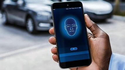 Poster - User using innovative neobanking application showcasing facial recognition technology for secure transactions