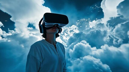 Poster - Gamer exploring immersive virtual reality gaming experience in a dreamlike cloud environment