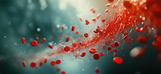 Poster - Dynamic Flow of Red Blood Cells in Abstract Background, Vivid Representation of Circulatory System, Medical Visualization, copy space for text