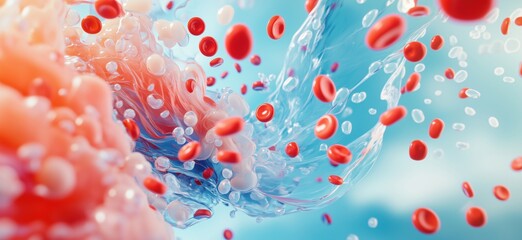 Poster - Dynamic Flow of Blood Cells and Plasma in Vivid Colors, Illustrating Circulatory System and Hematology, copy space for text