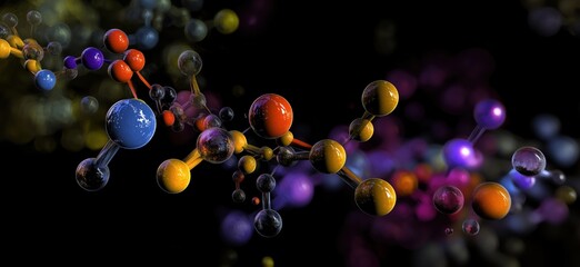 Poster - Colorful molecular structure representation showcasing diverse atoms and bonds in a vibrant, abstract design, copy space for text