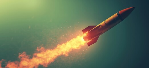 Poster - Rocket Launch with Flames and Smoke Against a Gradient Background, Depicting Power and Technology, copy space for text