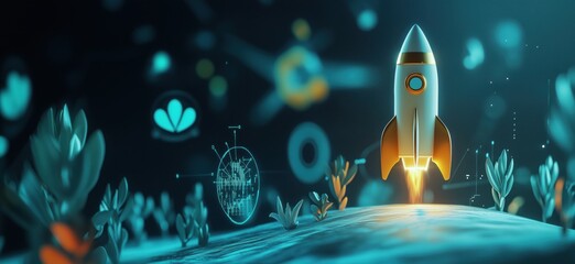 Poster - Rocket Launching in Futuristic Landscape with Digital Elements and Flora, copy space for text