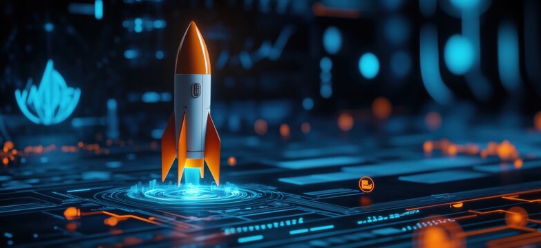 Futuristic rocket launch on digital interface with glowing circuits and data visualization elements, copy space for text