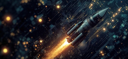 Poster - Rocket Launching into Space with Futuristic Circuitry Background and Glowing Lights, copy space for text