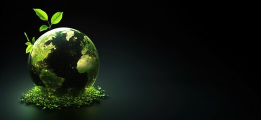 Poster - Sustainable Earth Concept with Green Globe and Sprouting Leaves Representing Environmental Awareness and Eco-Friendly Practices, copy space for text