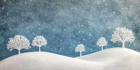 Minimalist winter landscape with white trees on snowy hills under a starry night sky, crafted in paper art style