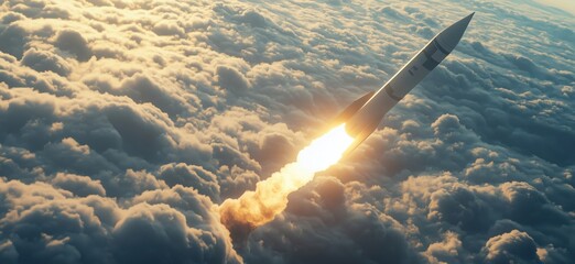 Poster - Rocket Launching Through Clouds with Bright Flames and Sunlight, copy space for text