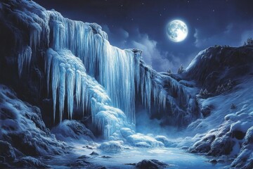 Poster - Frozen Waterfall Under Moonlight A Winter Wonderland Scene