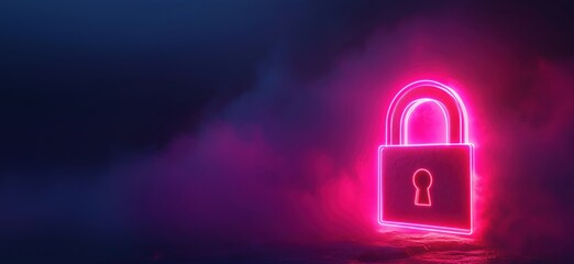 Fototapete - Neon pink padlock symbolizing security and protection in digital space, glowing against a dark smoky background, copy space for text