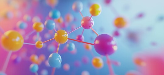 Poster - Colorful molecular structure with vibrant spheres and connections, representing chemistry and molecular science, copy space for text