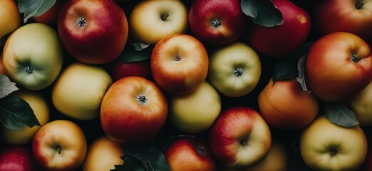 Poster - Colorful assortment of fresh apples in various shades of red, yellow, and green with leaves, perfect for healthy snacking and cooking, copy space for text