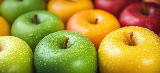 Poster - Fresh apples variety with droplets, showcasing green, yellow, and red colors, vibrant and appealing, perfect for healthy snacks and recipes, copy space for text