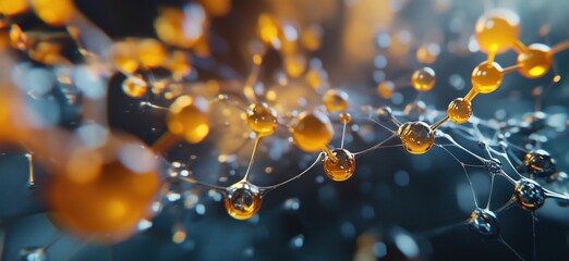 Poster - Molecular structure visualization showcasing intricate connections and vibrant orange spheres, representing chemical bonds and scientific exploration, copy space for text