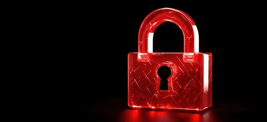 Poster - Red transparent padlock symbolizing security and protection, illuminated against a black background, showcasing modern design and technology, copy space for text