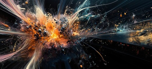 Poster - Abstract explosion of colors and textures in cosmic space, showcasing vibrant hues of orange, blue, and black with dynamic energy and movement, copy space for text