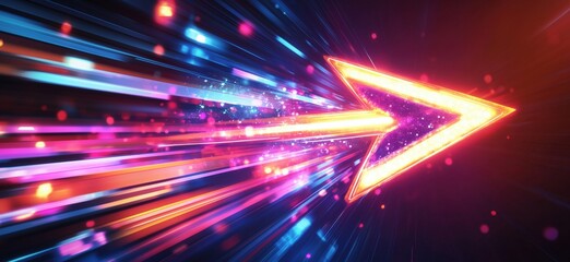 Poster - Dynamic arrow symbolizing speed and direction with vibrant light trails and colorful particles, copy space for text