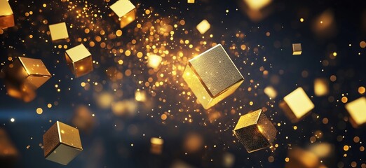 Poster - Floating golden cubes with sparkling particles in dark background, creating a luxurious and magical atmosphere, copy space for text
