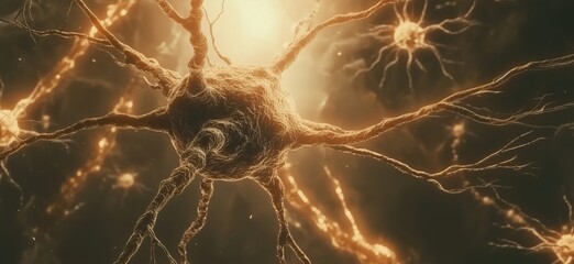 Poster - Neurons in intricate network showcasing synaptic connections and electrical impulses, highlighting the complexity of the nervous system, copy space for text
