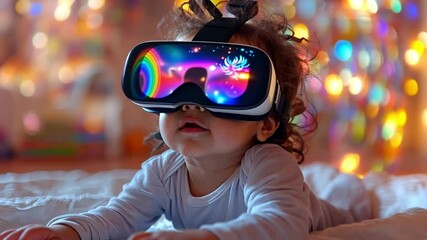 Poster - Baby exploring virtual reality with colorful visuals in a cozy, vibrant environment
