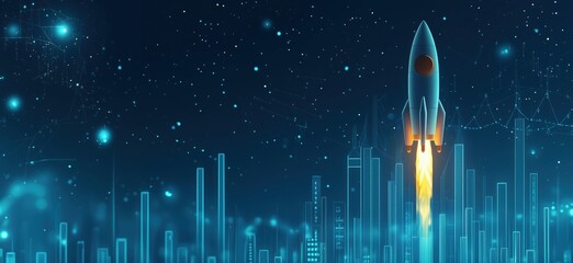 Poster - Rocket Launching into Starry Night Sky Over Futuristic Cityscape with Digital Elements, copy space for text