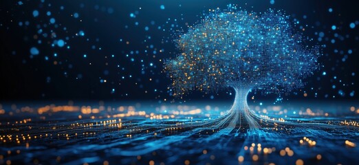 Poster - Digital tree with glowing blue and orange particles representing data flow and connectivity in a futuristic landscape, copy space for text