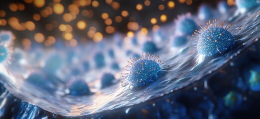 Poster - Microscopic view of viruses on a cell surface, showcasing intricate details of viral structures and cellular interactions, illuminated by soft bokeh effects, copy space for text