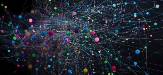 Poster - Colorful abstract network visualization with vibrant dots and lines representing connections and data flow, copy space for text