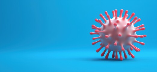 Poster - 3D representation of virus structure with pink spikes on blue background, illustrating microscopic view of pathogens, copy space for text