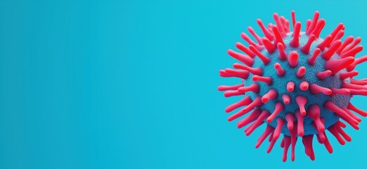 Poster - Virus structure with spikes, blue background, detailed illustration of viral particles, scientific representation of pathogens, copy space for text