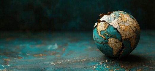 Poster - Cracked Globe Symbolizing Environmental Crisis and Global Issues, Detailed World Map with Gold Accents on Turquoise Background, copy space for text