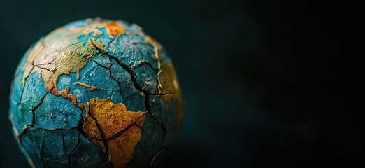 Poster - Cracked Earth Globe Symbolizing Environmental Issues and Climate Change, Highlighting North and South America with Textured Surface, copy space for text