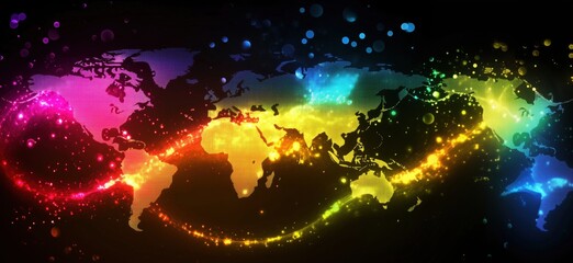 Poster - Colorful World Map with Vibrant Light Trails and Dots Representing Global Connectivity and Diversity, copy space for text