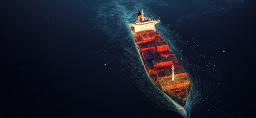 Poster - Cargo ship navigating through water with digital data visualization, showcasing modern shipping technology and logistics, copy space for text