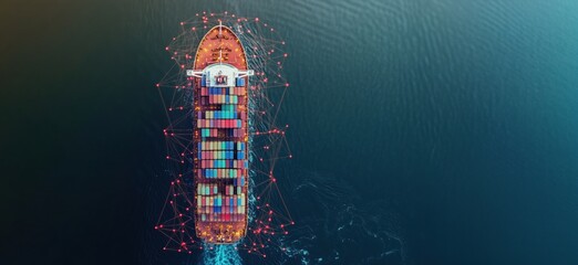 Poster - Container ship navigating through digital network, showcasing modern shipping technology and logistics, vibrant colors, aerial view, copy space for text