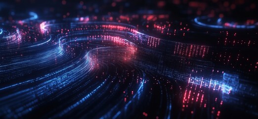 Poster - Abstract digital landscape with flowing lines of blue and red light, representing data streams and technology, creating a futuristic atmosphere, copy space for text