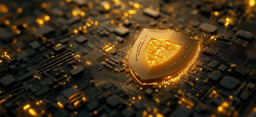 Poster - digital shield protecting circuit board with golden glow, symbolizing cybersecurity and data protect
