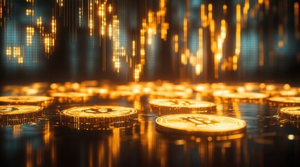 Poster - Glowing Bitcoin Coins on a Futuristic Digital Background