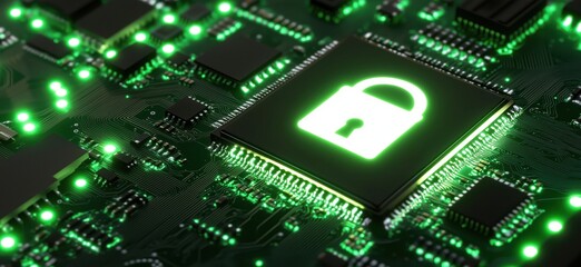 Poster - Digital security symbol on microchip circuit board with glowing green lights, representing cybersecurity and data protection, copy space for text