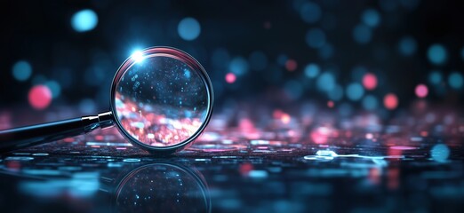 Poster - Magnifying glass reflecting colorful bokeh lights on a dark surface, showcasing intricate details and vibrant hues, copy space for text