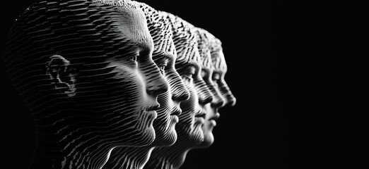 Poster - 3D Rendered Human Faces in Striking Black and White, Showcasing Depth and Dimension with Layered Lines, copy space for text