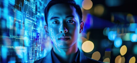 Poster - Futuristic portrait of Asian man with digital face projection against glowing technology background, showcasing innovation and modernity, copy space for text