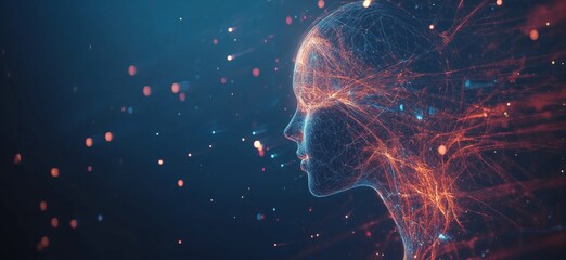 Poster - Digital representation of human head with neural connections and glowing particles, symbolizing artificial intelligence and technology integration, copy space for text