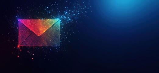 Poster - Digital envelope symbolizing communication, technology, and connectivity with vibrant colors and abstract background, copy space for text