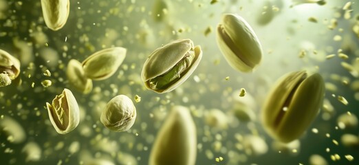 Poster - Pistachio nuts floating in air with green background, showcasing texture and detail of shells and kernels, vibrant and dynamic composition, copy space for text