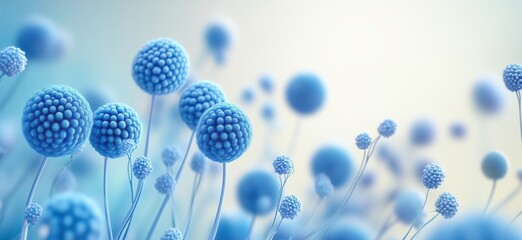 Poster - Blue spherical microorganisms with delicate filaments in a soft gradient background, showcasing intricate details and textures of microbial life, copy space for text