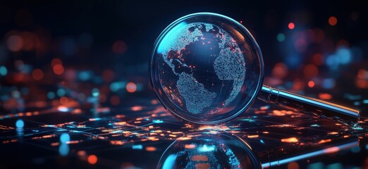 Poster - Magnifying glass focusing on illuminated globe representing global connectivity and digital networks, showcasing vibrant data visualization and technology, copy space for text