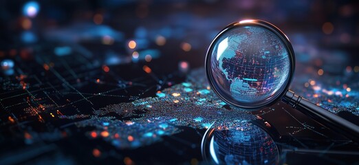 Poster - Magnifying glass revealing digital world map with glowing data points and connections, symbolizing global connectivity and technology, copy space for text