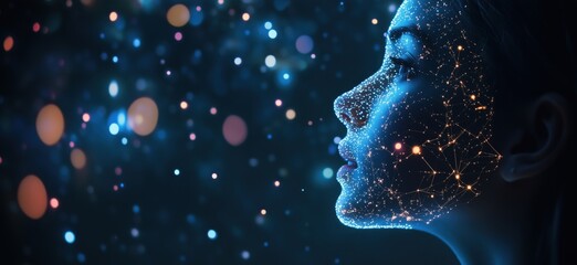 Poster - Digital face with glowing connections and particles, showcasing futuristic technology and beauty, profile view of a woman with illuminated features, copy space for text