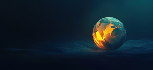 Poster - Glowing Geometric Egg on Dark Background, Abstract Art with Illuminated Facets and Soft Waves, copy space for text